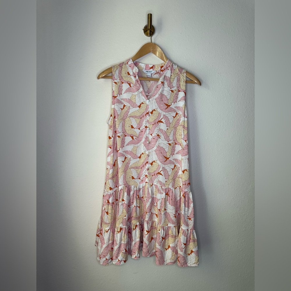 Nine West Tropical Leaf Print Sleeveless Mini Shirt Dress size L